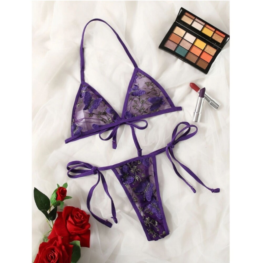 Medium Purple w Gold Butterfly Embroidery Bralette & Tie Side Thong Lingerie Set